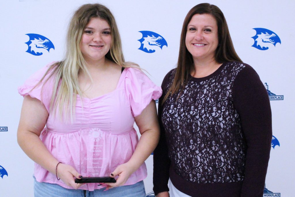 Pictured from left: CHS CTE Student of the Quarter Bella Iafrate and Business/Management and Administration Support teacher Amy Stern.