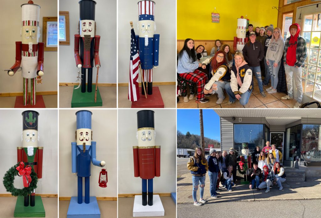 Collage of life-sized nutcracker dolls.