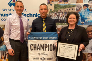 Receiving the Champions for College Access and Success award, from left, are Marshall County Schools Student Services Director Casey Storm, Cameron High School Principal Wyatt O’Neil and Cameron High School Counselor Kelly Pettit.